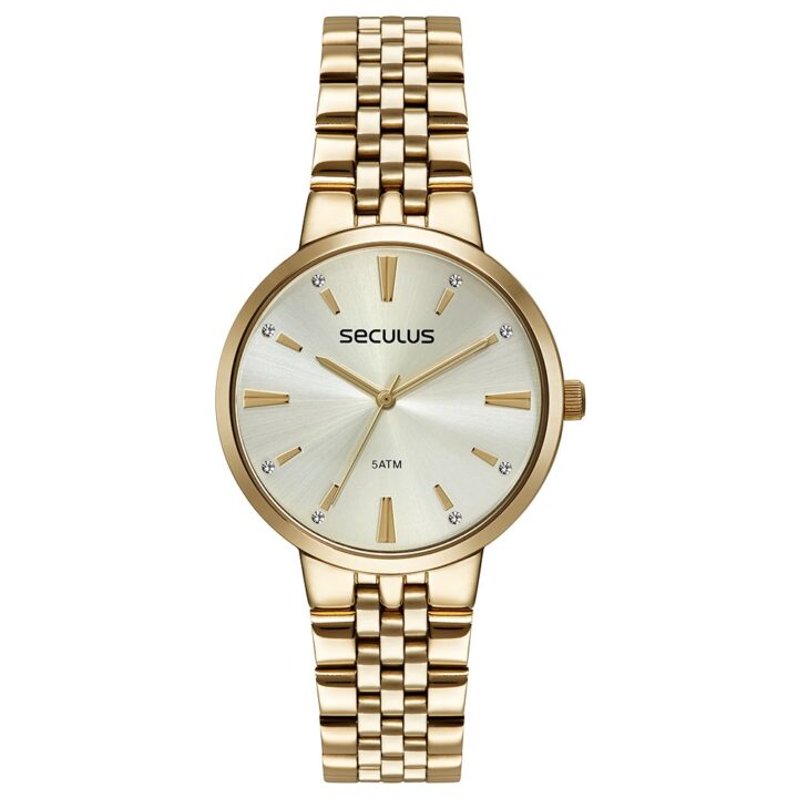 77266LPSVDS1 Relógio Seculus Feminino Cristais Dourado