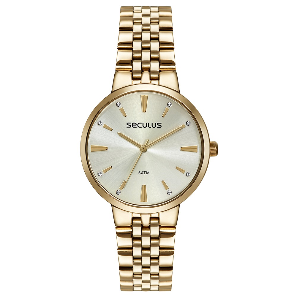 77266LPSVDS1 Relógio Seculus Feminino Cristais Dourado
