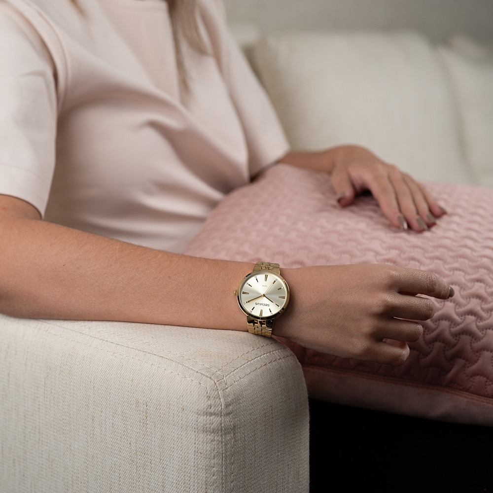 77266LPSVDS1 Relógio Seculus Feminino Cristais Dourado