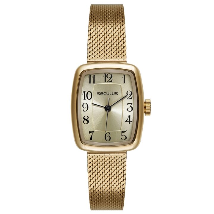 77342LPSVDS1 Relógio Seculus Feminino Dourado Numeração Completa