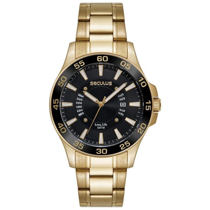 23729GPSVDA2 Relógio Seculus Masculino Aço Dourado Calendário