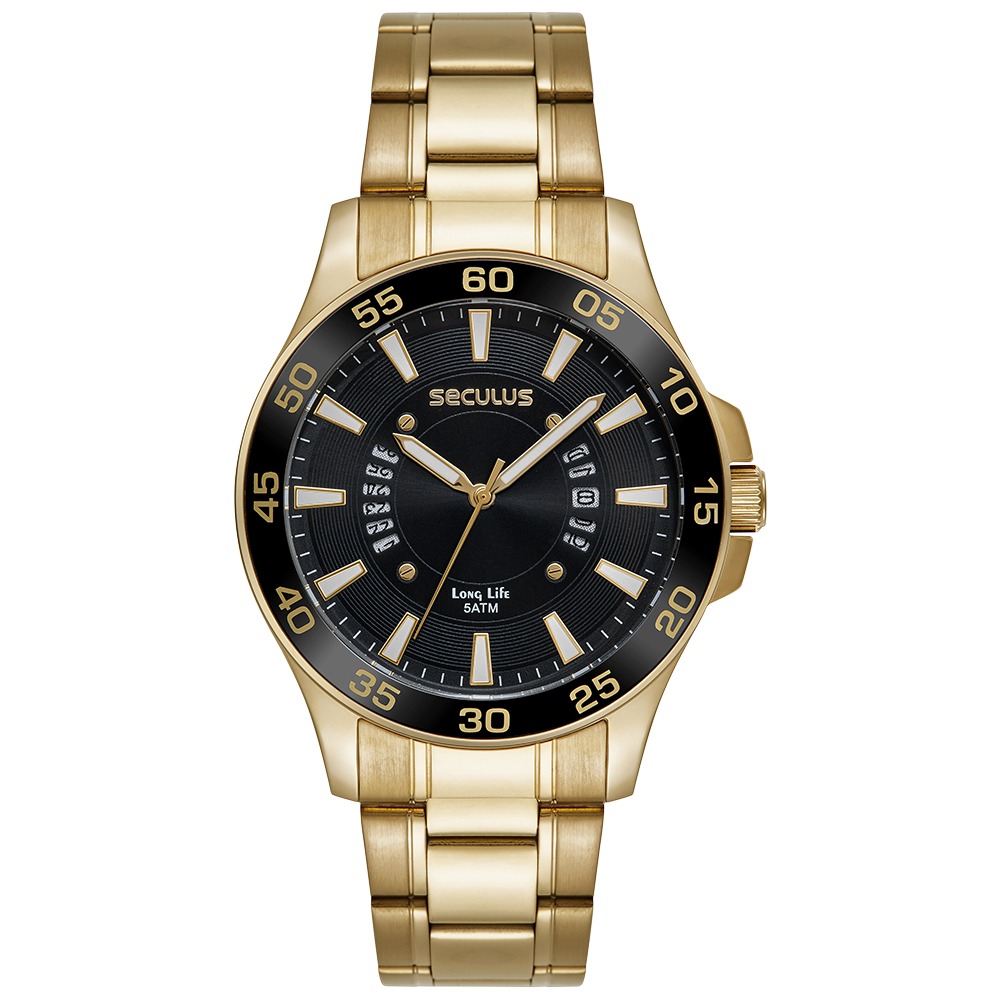 Relógio Seculus Masculino Aço Dourado Calendário
