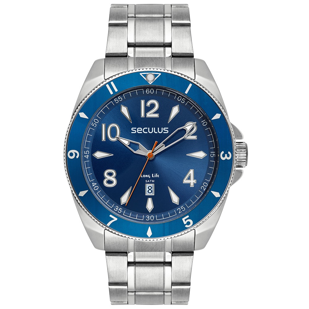 Relógio Seculus Masculino Aço Visor Azul e Calendário Prata