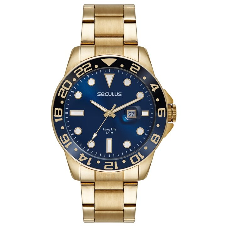 44210GPSVDA3 Relógio Seculus Masculino Aço Calendário Dourado