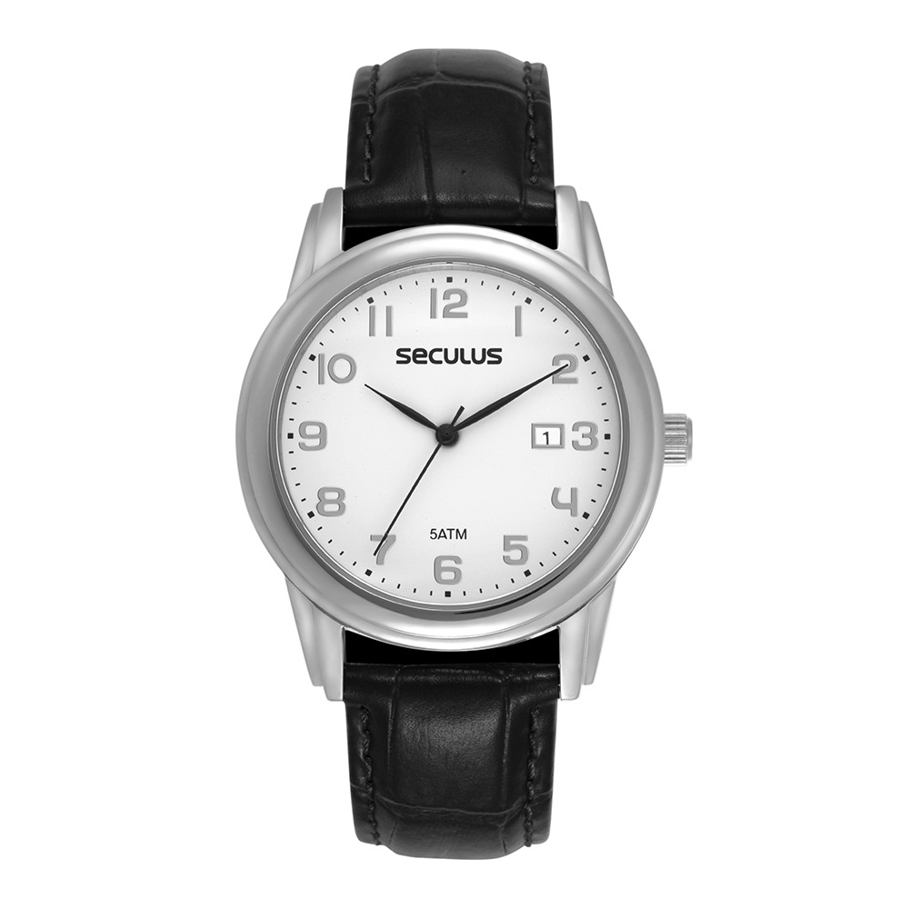21002G0SVNC1 Relógio Seculus Masculino Branco Couro Calendário