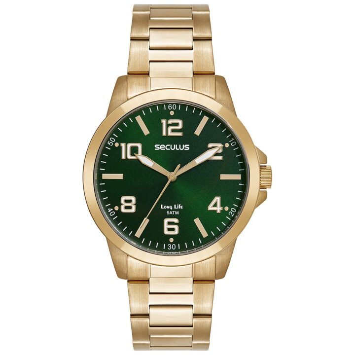 44297GPSVDA5 Relógio Seculus Masculino Dourado Analógico Aço Mostrador Verde