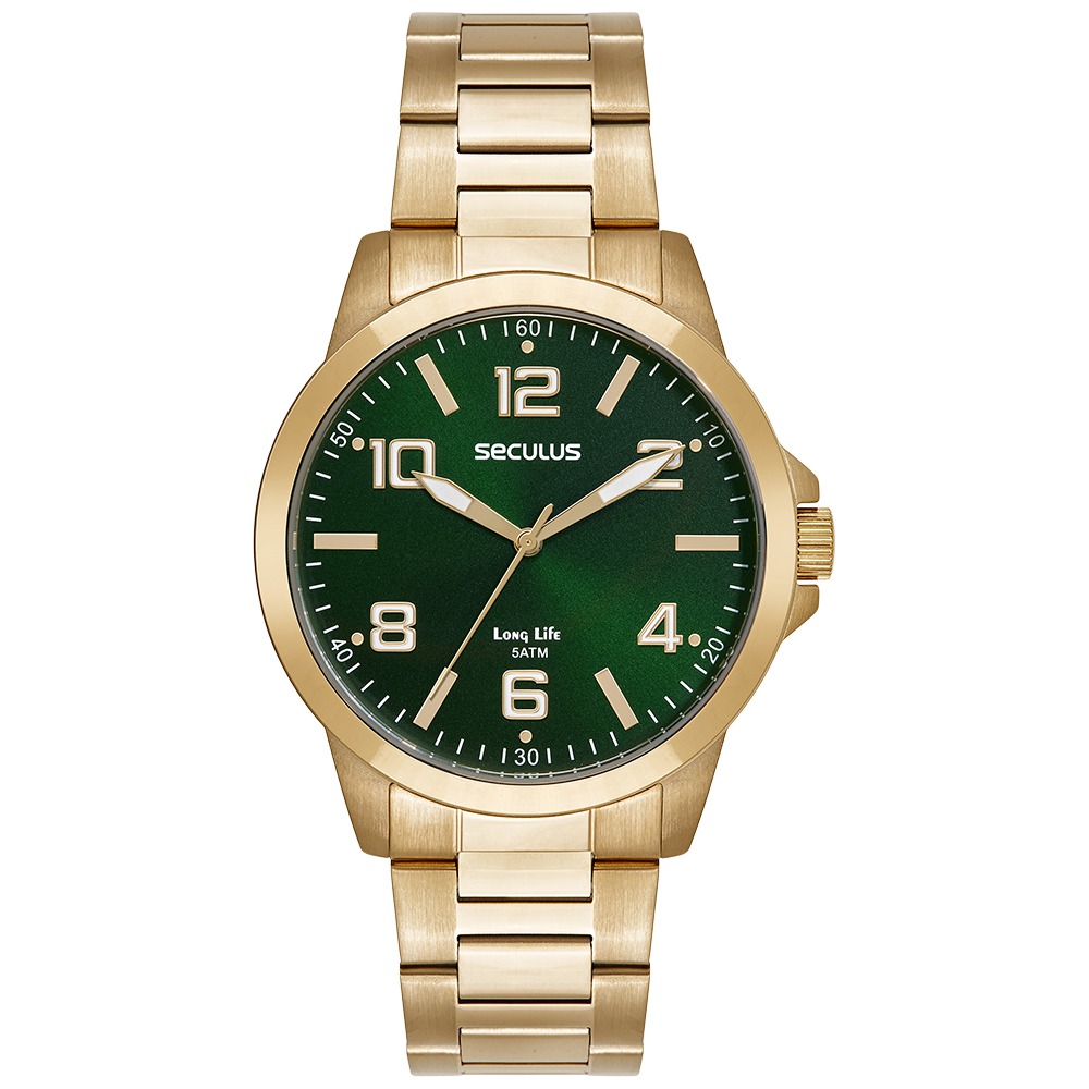 Relógio Seculus Masculino Dourado Analógico Aço Mostrador Verde