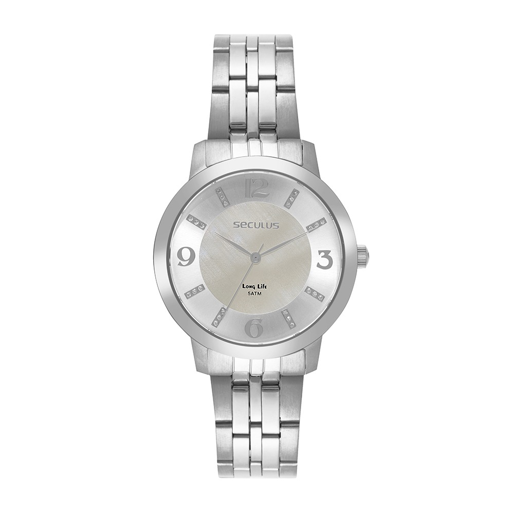 44337L0SVNA3 Relógio Seculus Feminino Prata Clássico Madrepérola