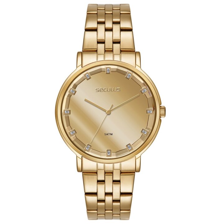 Relógio Seculus Feminino Dourado com Vidro Facetado