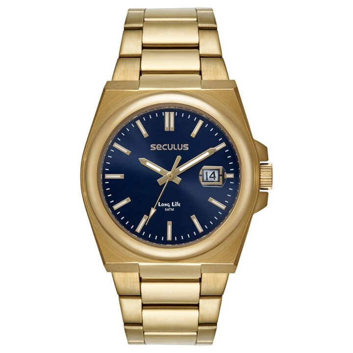 44263GPSVDA3 Relógio Seculus Masculino Social Calendário Aço Dourado
