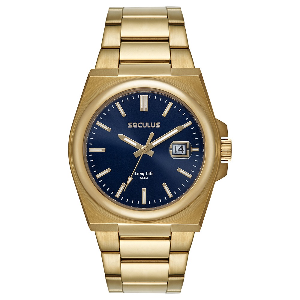 44263GPSVDA3 Relógio Seculus Masculino Social Calendário Aço Dourado