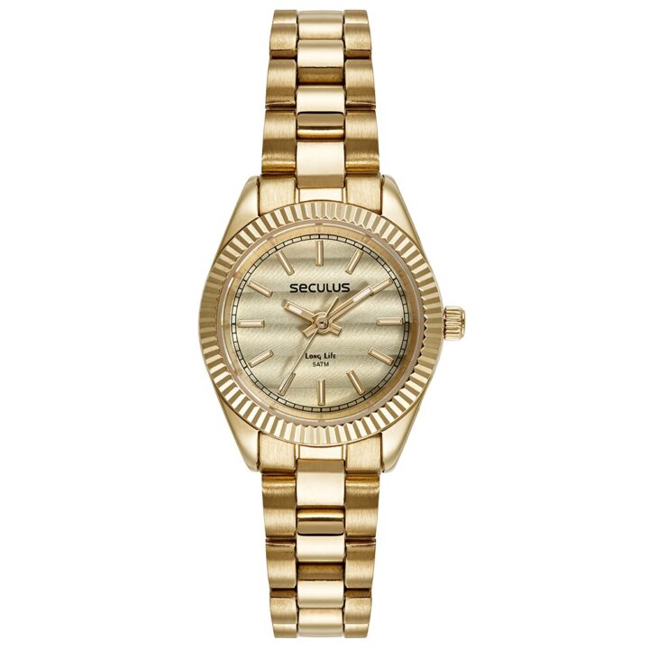 77245LPSVDA1 Relógio Seculus Feminino Catraca Serrilhada Dourado