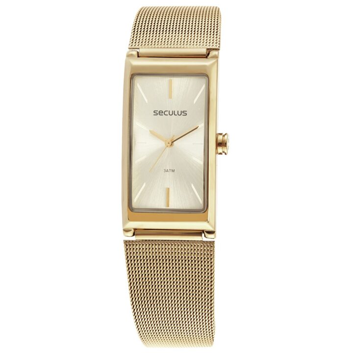 77144LPSVDS1 Relógio Seculus Feminino Retangular Dourado