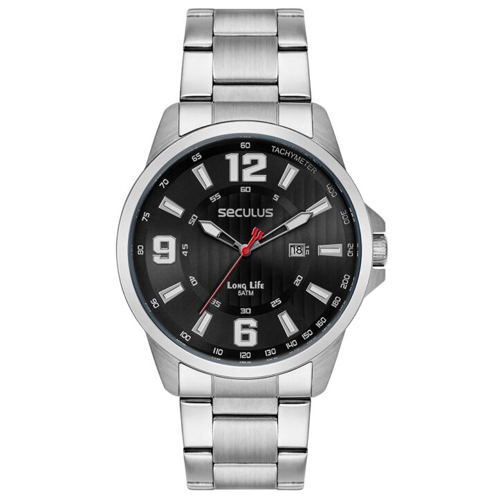 44219G0SVNA3 Relógio Seculus Masculino Prata com Visor Texturizado Preto