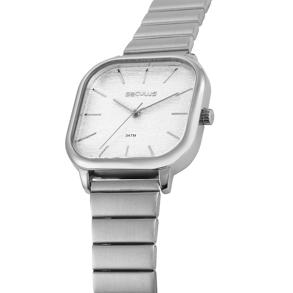77110L0SVNS3 Relógio Seculus Feminino Quadrado Clássico Prata