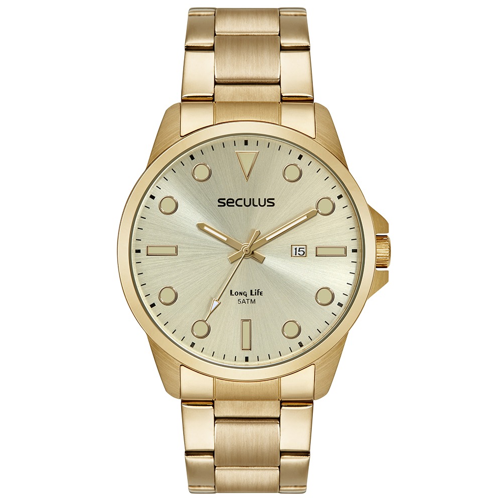 44217GPSVDA2 Kit Relógio Masculino Aço Calendário Dourado